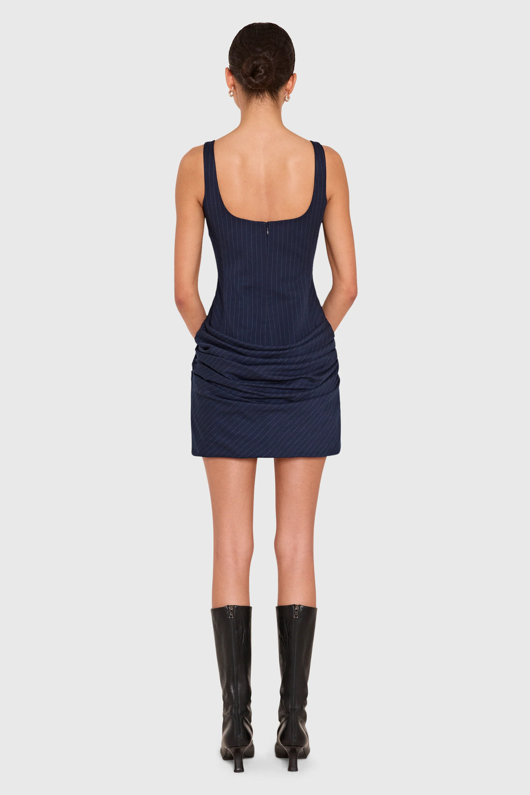 Annabella navy square neck ruched mini dress, view 2