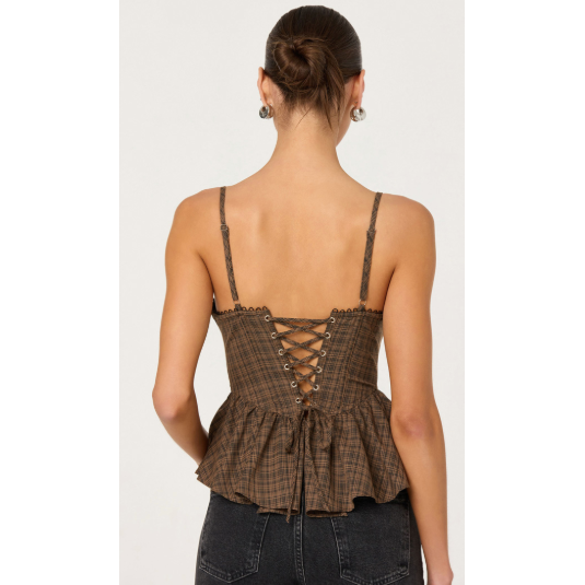 Baylin brown check lace sweetheart top, view 3