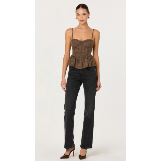 Baylin brown check lace sweetheart top