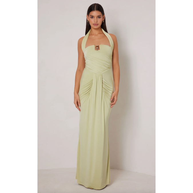 Heidi pistachio halter maxi dress