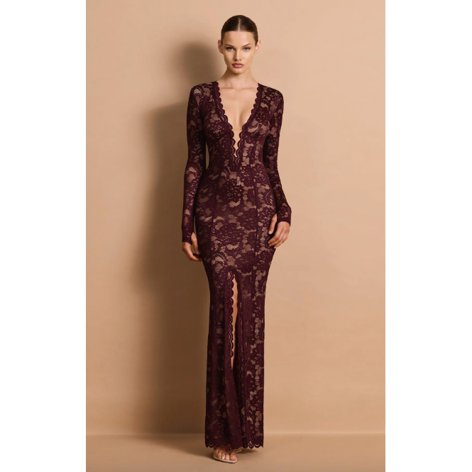 Delphine wine long sleeve lace plunge gown