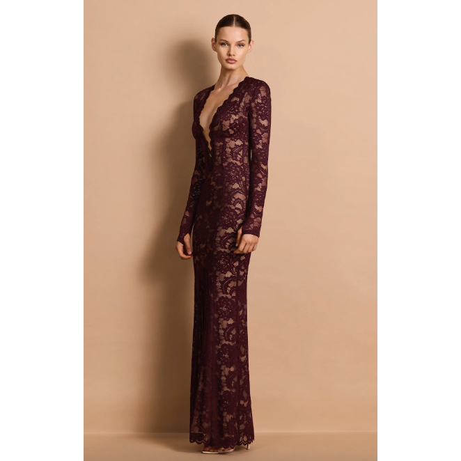 Delphine wine long sleeve lace plunge gown, view 3
