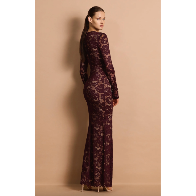 Delphine wine long sleeve lace plunge gown, view 2