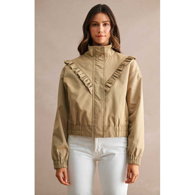 Neutral utility cropped long sleeve ruffle jacket, view 4
