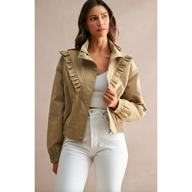 Neutral utility cropped long sleeve ruffle jacket