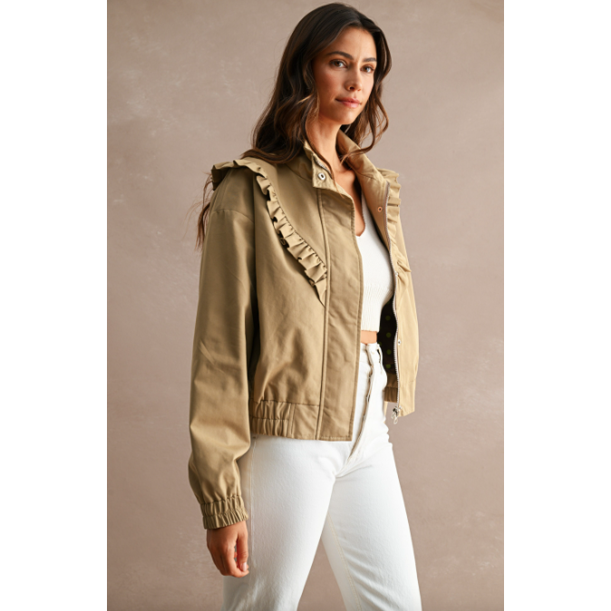 Neutral utility cropped long sleeve ruffle jacket, view 3
