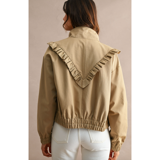 Neutral utility cropped long sleeve ruffle jacket, view 2