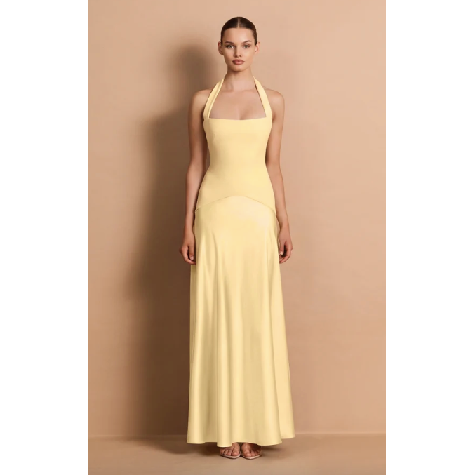 Alice yellow halter satin maxi dress