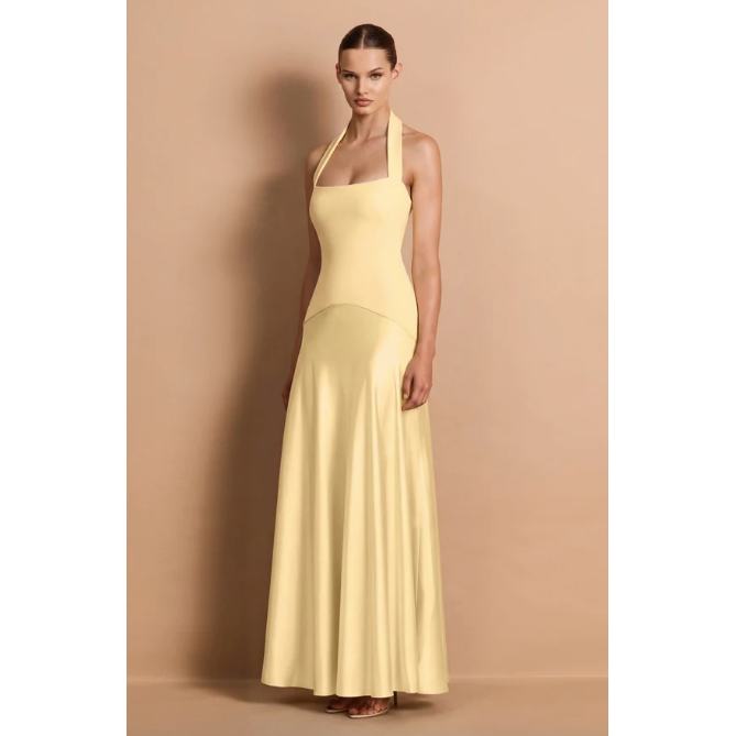 Alice yellow halter satin maxi dress, view 3