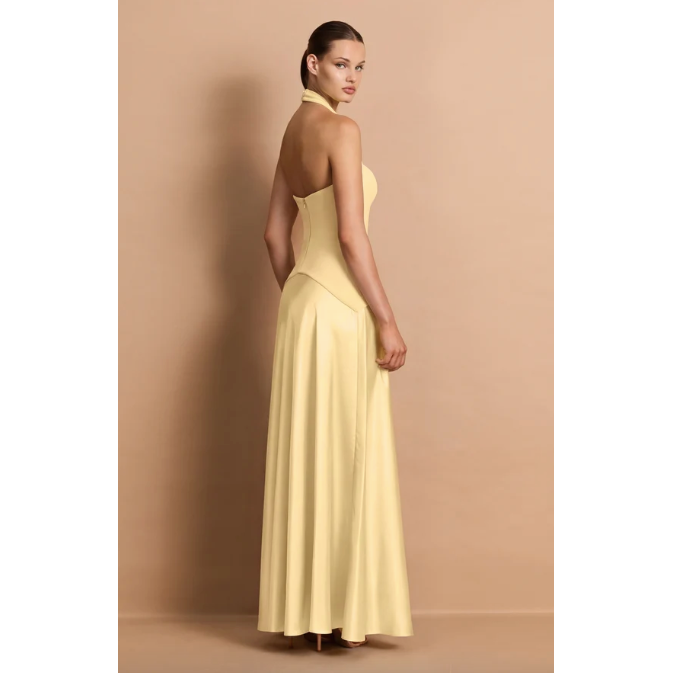 Alice yellow halter satin maxi dress, view 2
