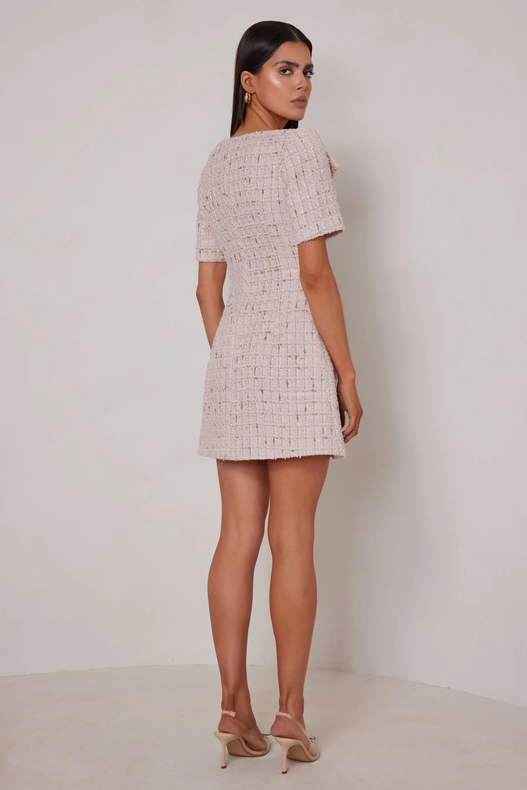 Sonia pink tweed v-neck mini dress, view 2
