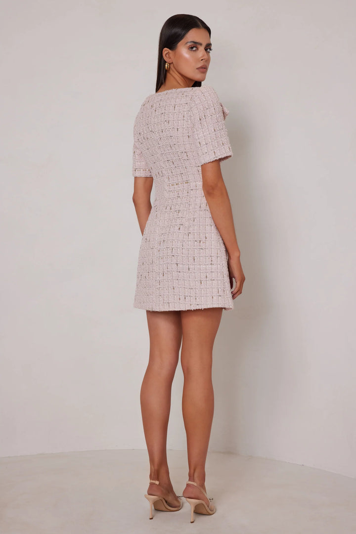 Sonia pink tweed v-neck mini dress, view 2