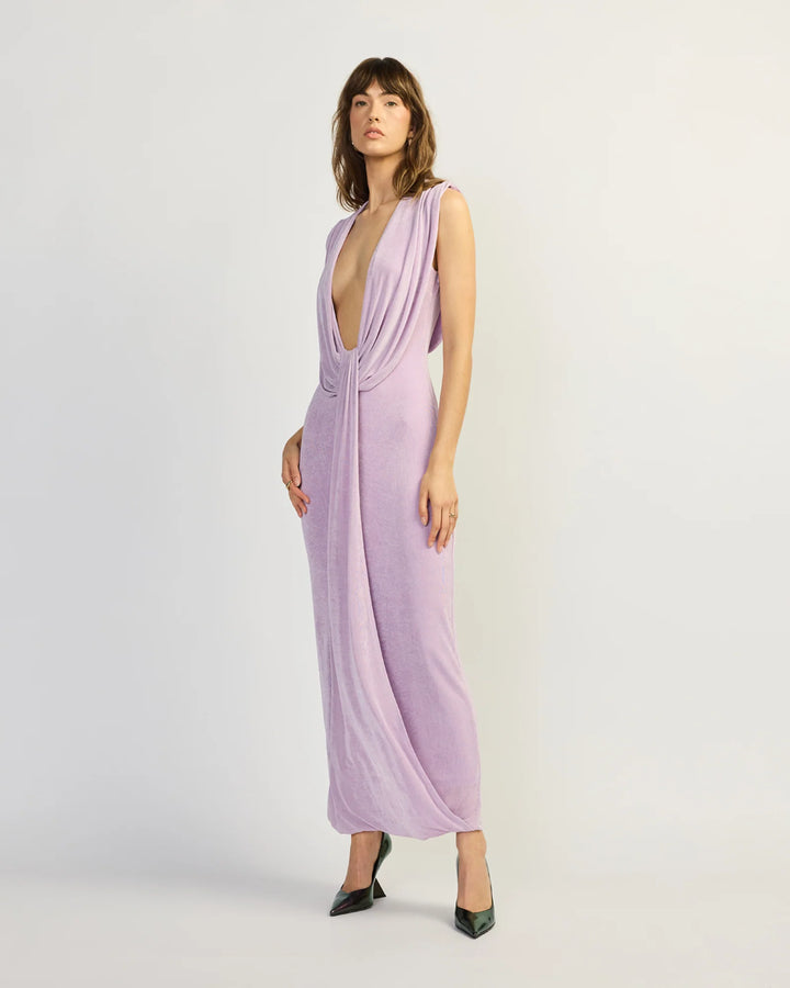 Viv purple high neck draped dress, view 3