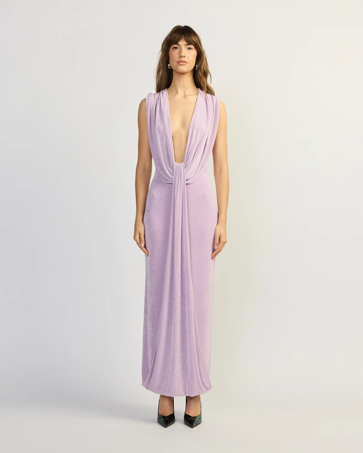 Viv purple high neck draped dress