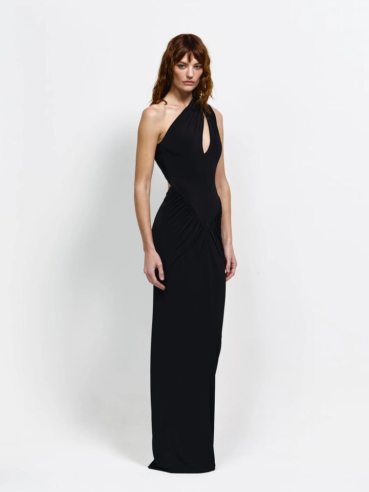 Atlas black one shoulder cut-out gown, view 3