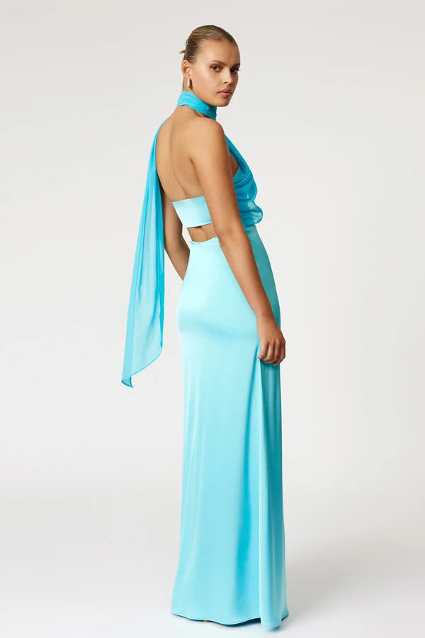 Hali lagoon silk open back maxi dress
