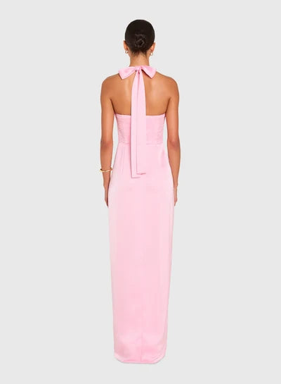 Cynthia pink satin halter gown, view 2