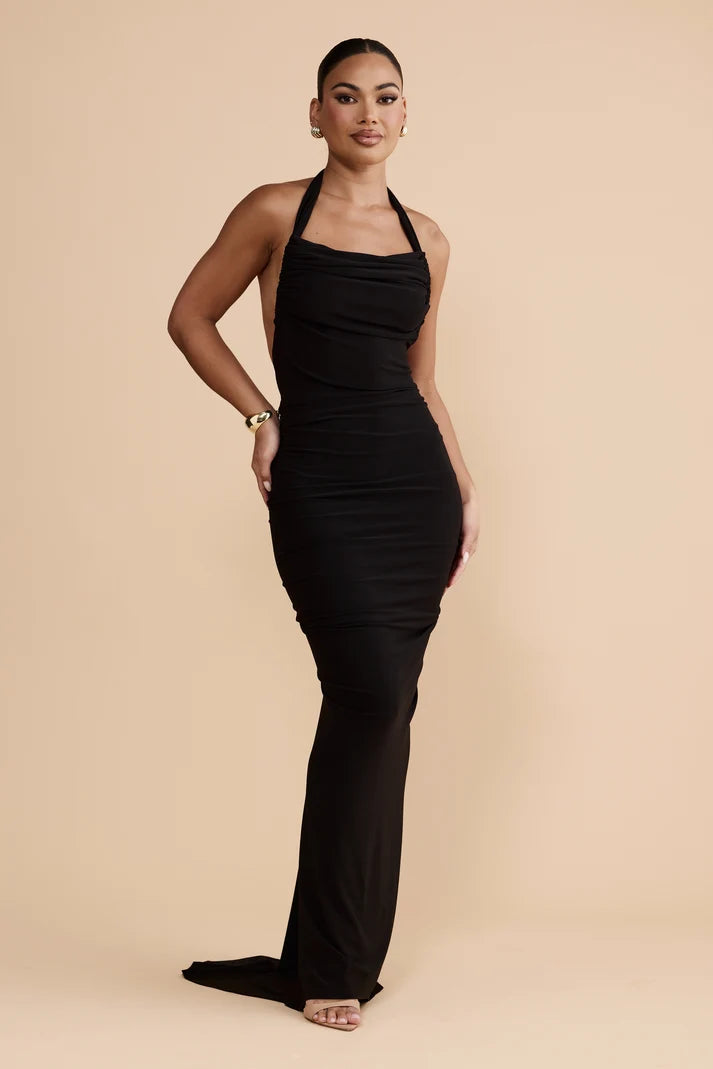 Eva black open back gown, view 3