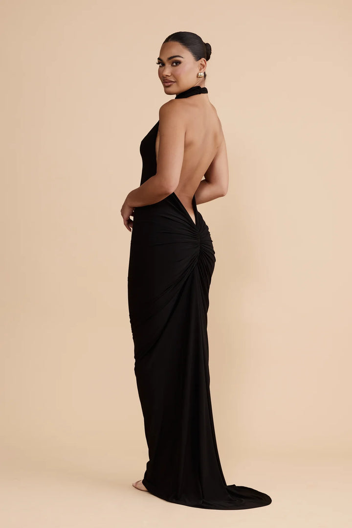 Eva black open back gown, view 2