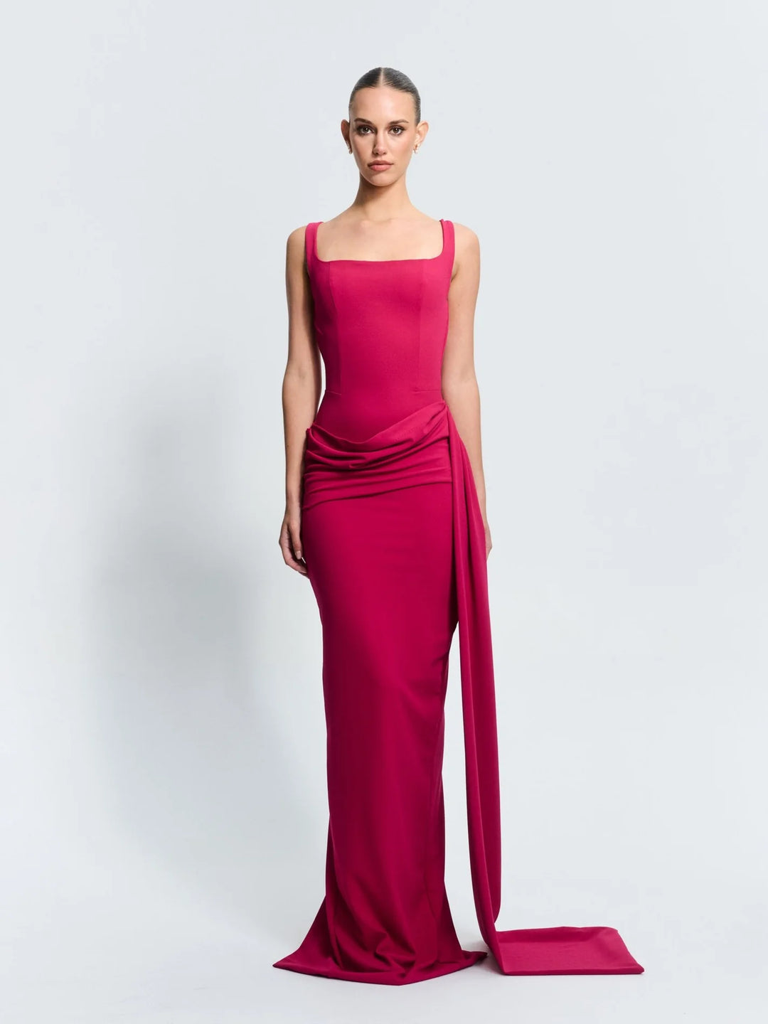 Merle raspberry square neck ruched gown