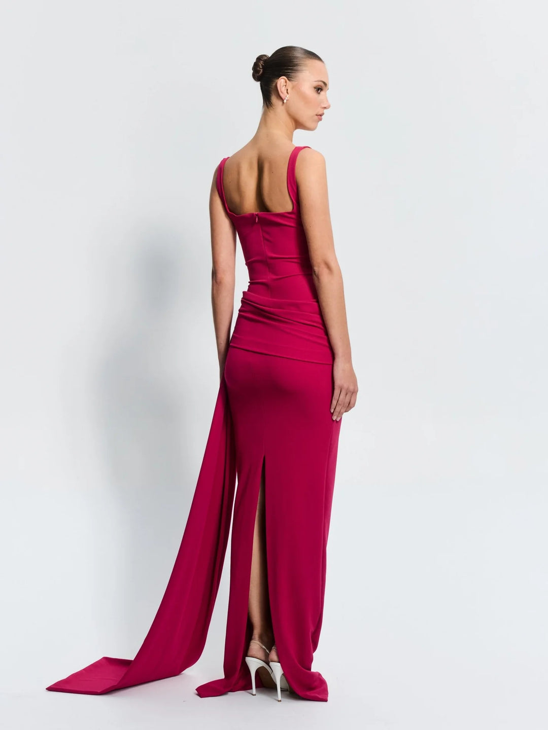 Merle raspberry square neck ruched gown, view 2