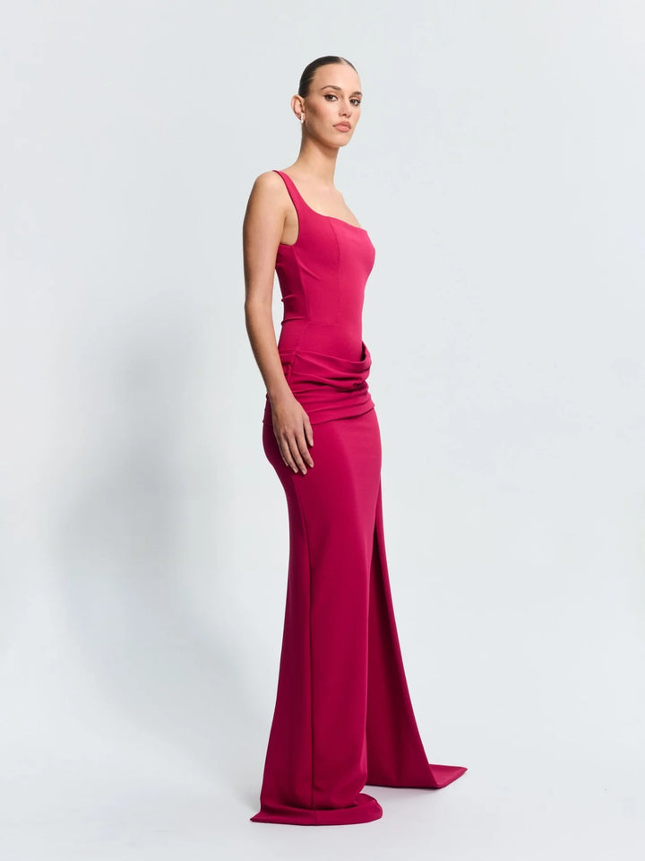 Merle raspberry square neck ruched gown, view 3