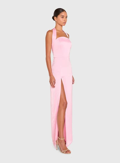 Cynthia pink satin halter gown, view 3