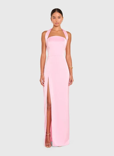 Cynthia pink satin halter gown